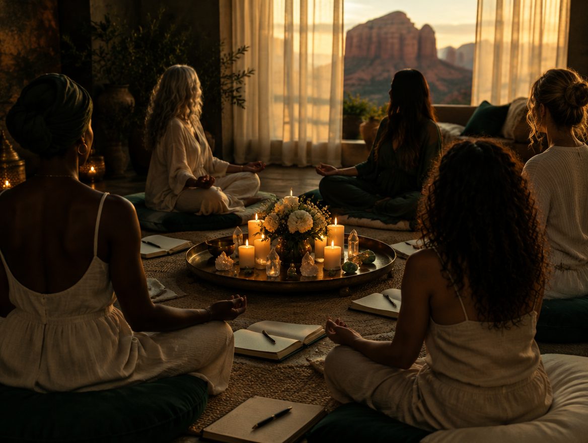 Women seated in a circle around lit candles