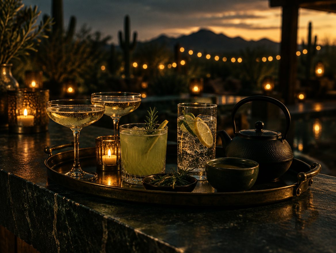 A tray of cocktails and tea at dusk