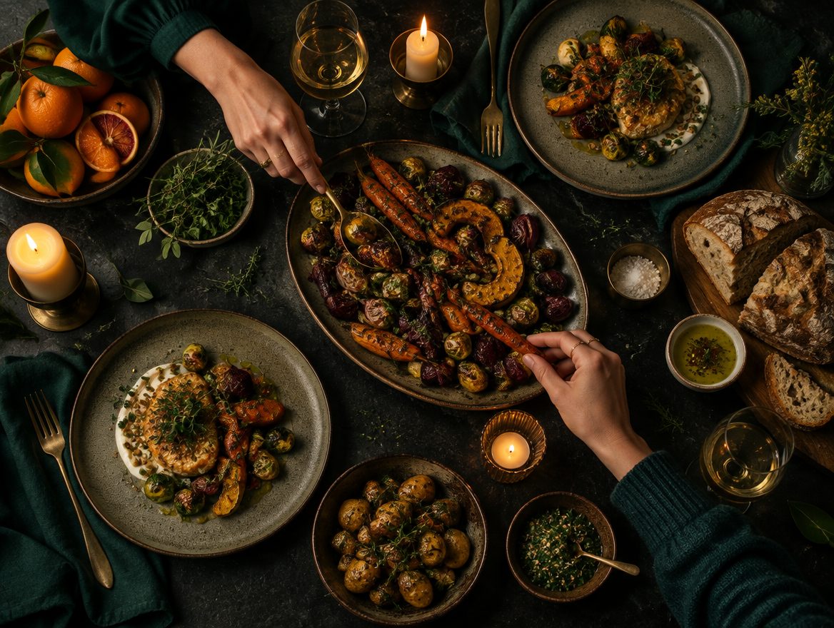 A candlelit dinner with shared plates of food