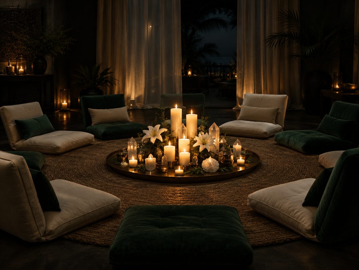 A circle of cushions around lit candles