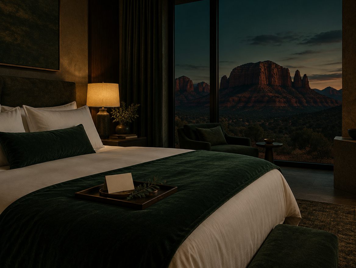 A resort suite at dusk